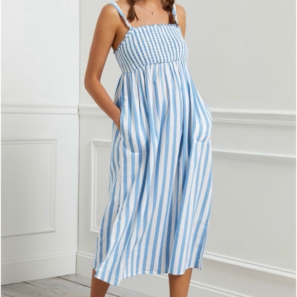 Anthropologie Dresses & Skirts - NWT Anthropologie Zinnia Midi Dress Blue/White Stripes Linen Blend Size Medium